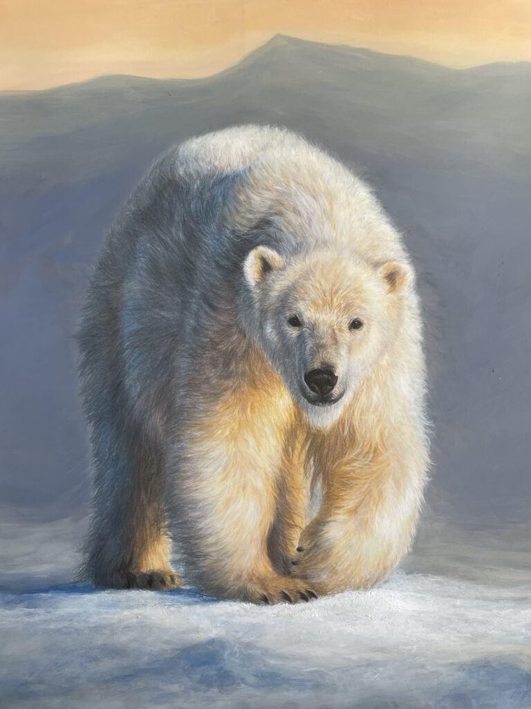 Artwork of polar bear in winter landscape done by Emma Lewis