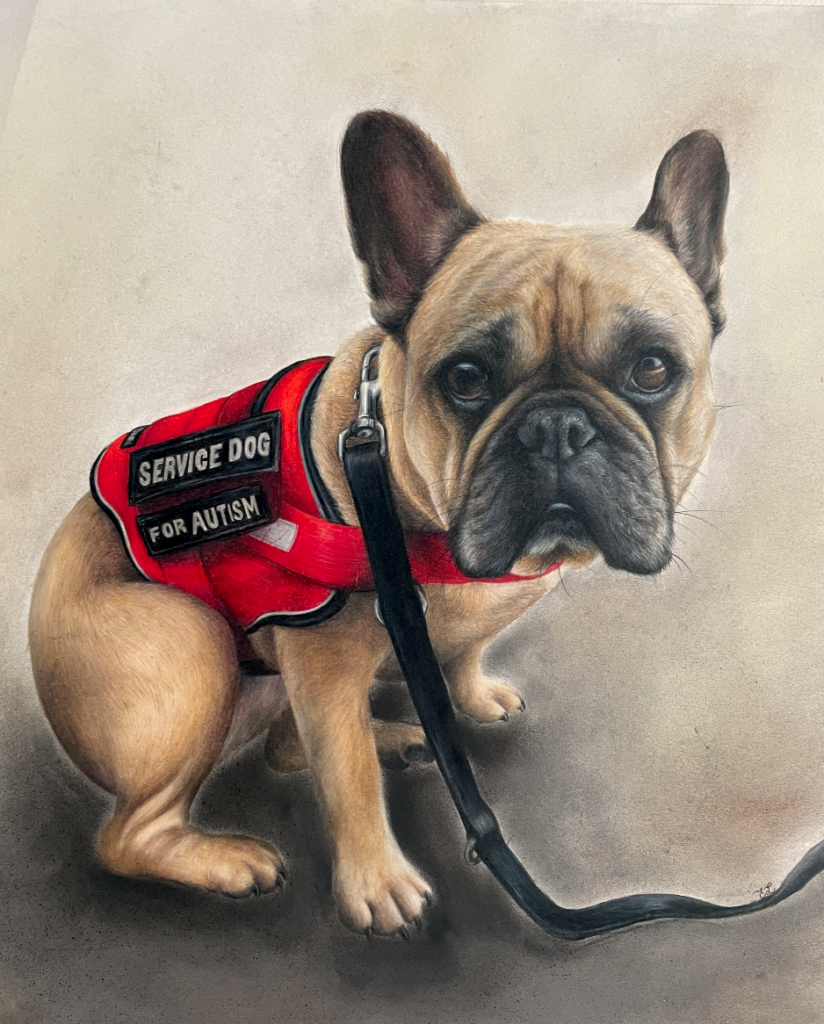 Artwork of dog in service vest done by Emma Lewis