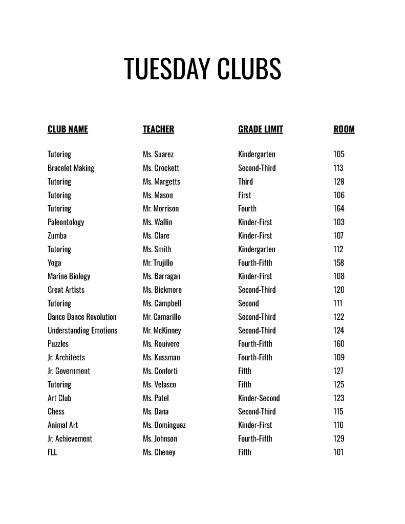 Elementary Club List 2026 27 Page