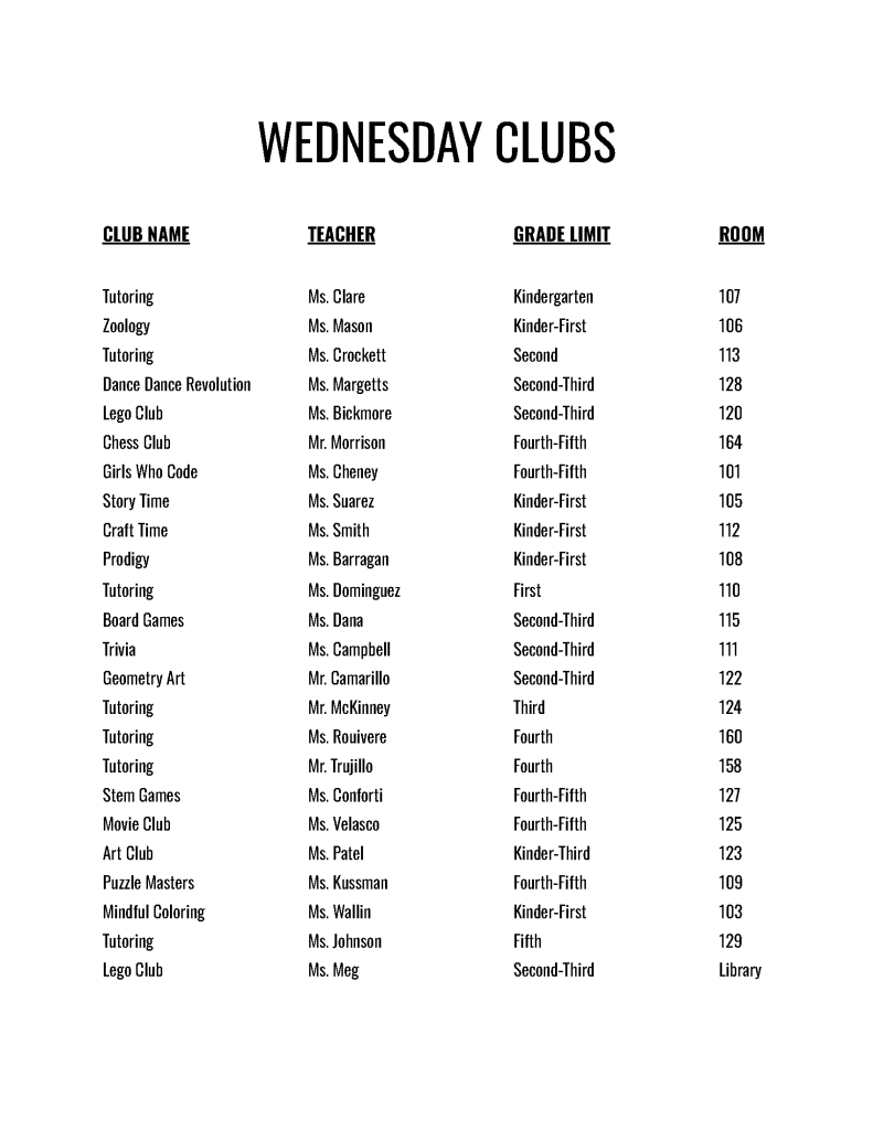 Elementary Club List 2026 27 Page