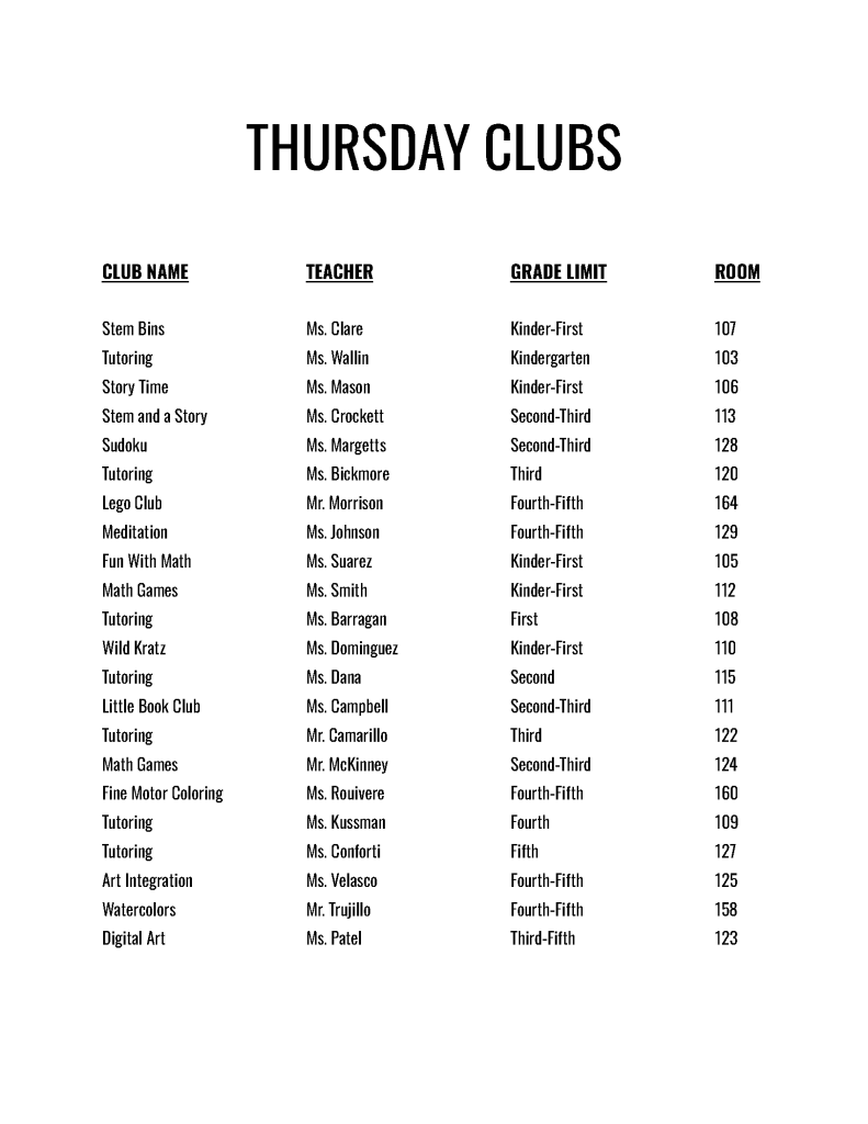 Elementary Club List 2026 27 Page